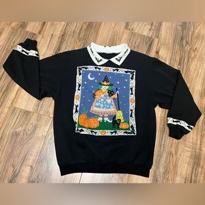 VTG Halloween Witch Black Cat Bat Pumpkin Graphic Black Sweatshirt